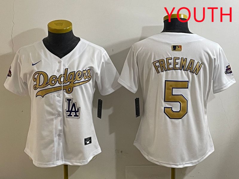 Youth Los Angeles Dodgers 5 Freeman White Champion gold character 2025 Nike MLB Jersey style 4127